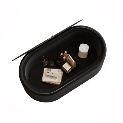 Table basse de rangement ovale cachée 33,46 po - Plateau en verre trempé certifié 3C et table basse de rangement rembourrée en cuir de qualité supérieure pour salon