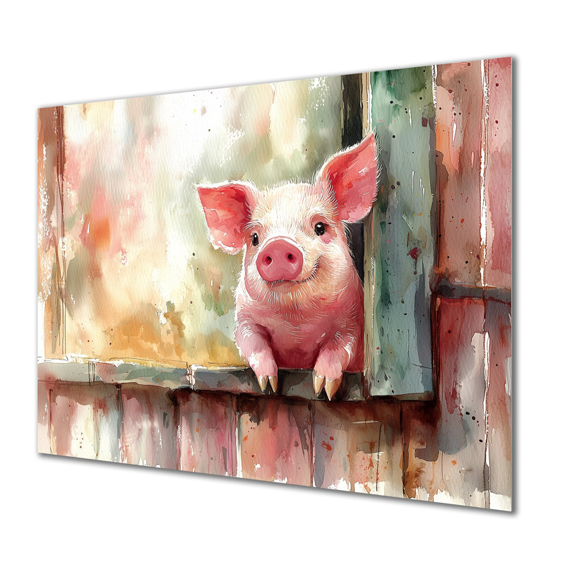 Adorable portrait de cochon à la grange I - Impressions métalliques de cochon, H 24 po x l 32 po