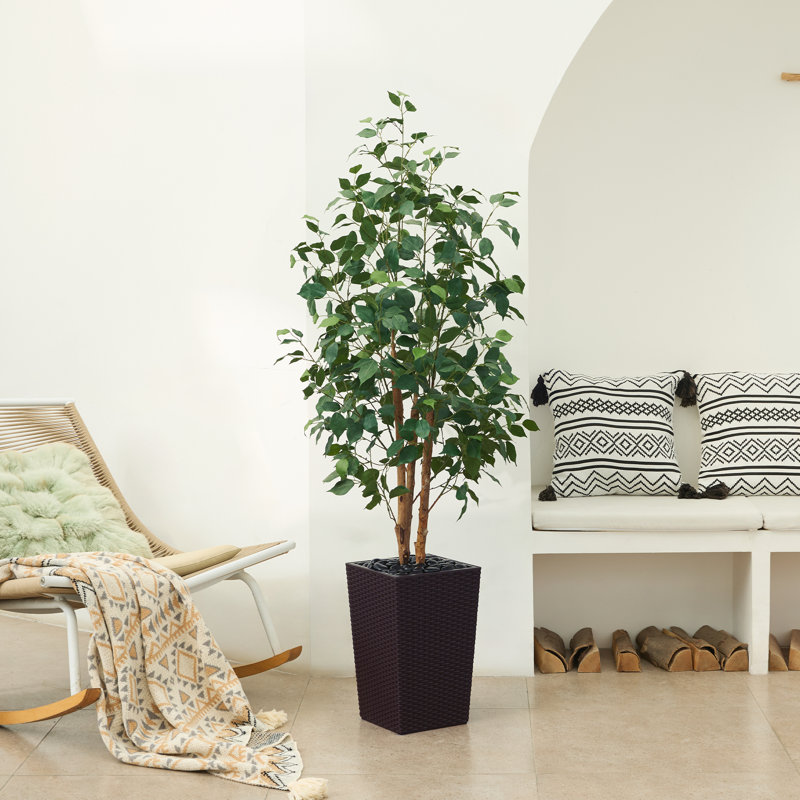 Adcock UV Protected Artificial Ficus Tree with Decorative Base, Faux Ficus Plant with Natural Trunk, 60" H x 20" W x 20" D