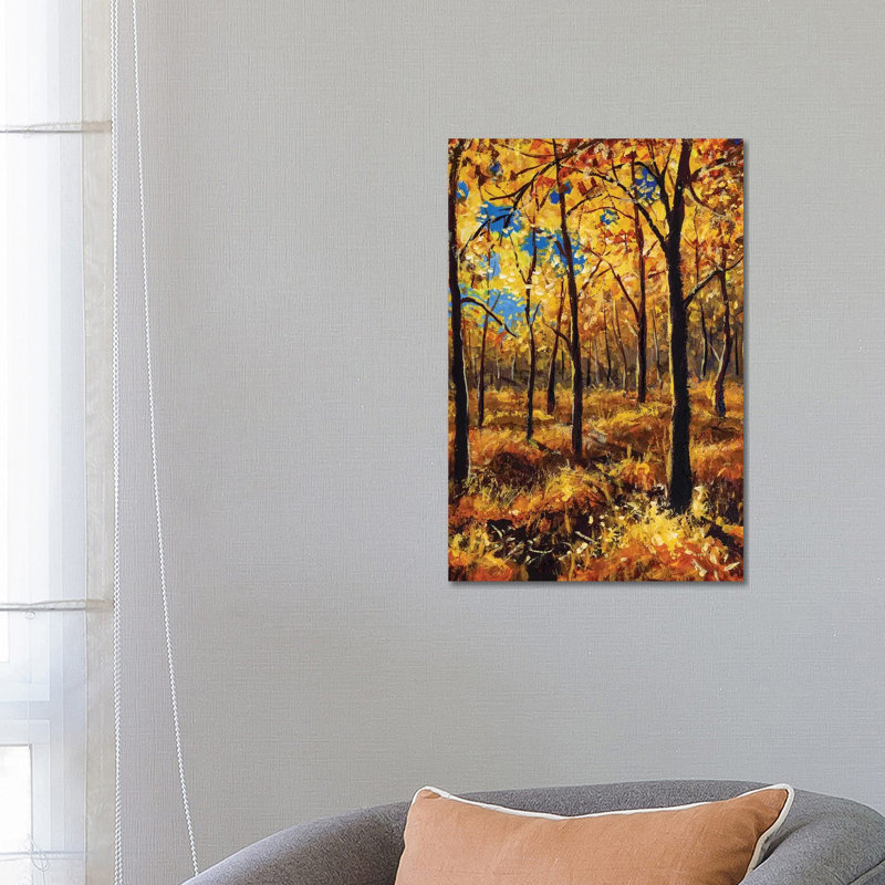 Beautiful Autumn Trees In Gold Warm Orange Autumn Forest Park Alley by Valery Rybakow - Painting on Canvas, Wrapped Canvas