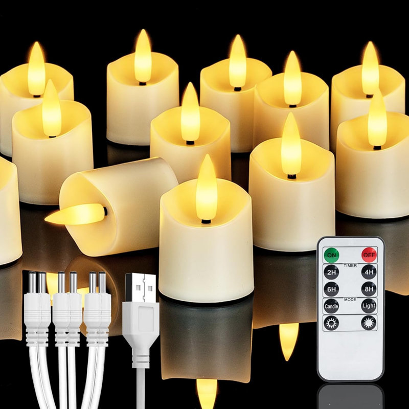 Remote Rechargeable LED Tea Lights with 2/4/6/8 Hours Timer USB Charging Cable Flameless Battery Electric Wedding Vovite, Christmas Home Decor, 12-Pack