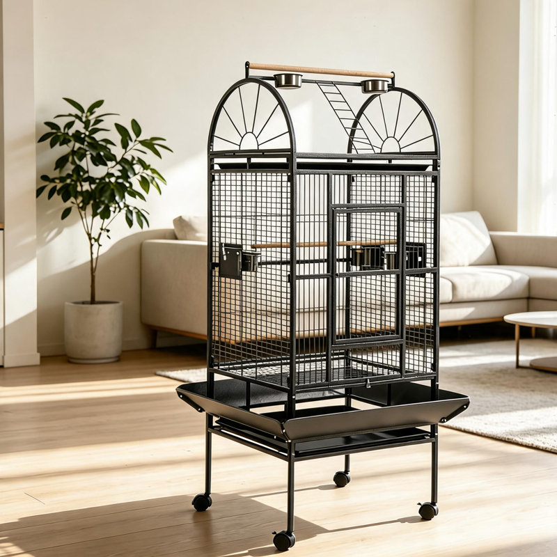 Cage à oiseaux roulante en métal de 173 cm de haut avec toit arqué et support – Volière intérieure pour perroquets, calopsittes, perruches et perruches ondulées – Comprend un perchoir en bois, des mangeoires et un plateau amovible