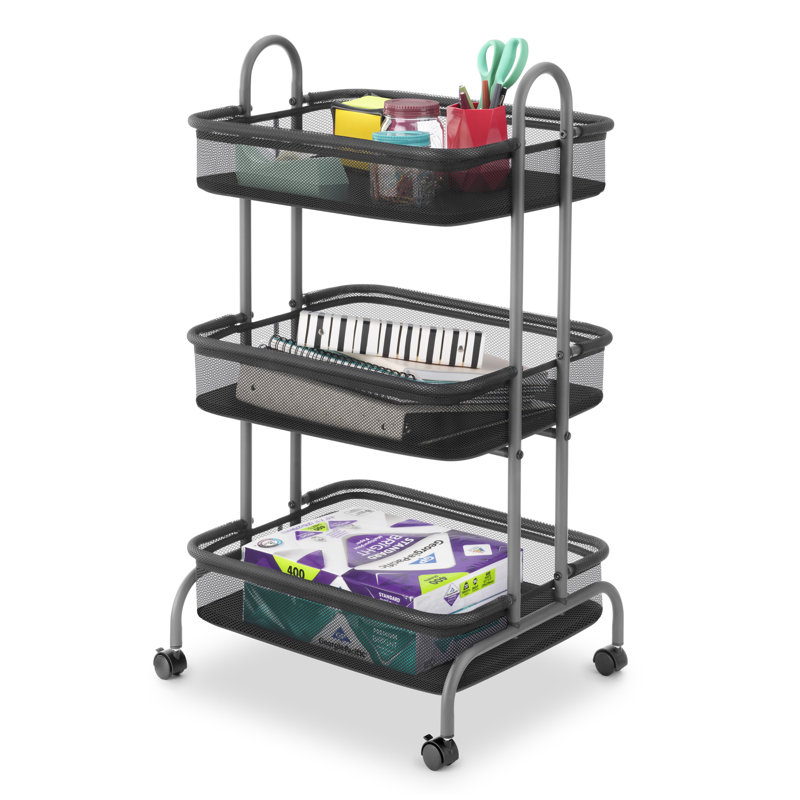 Whitmor Gunmetal Gray Metal Mesh 3-Tier Rolling Cart with Wheels
