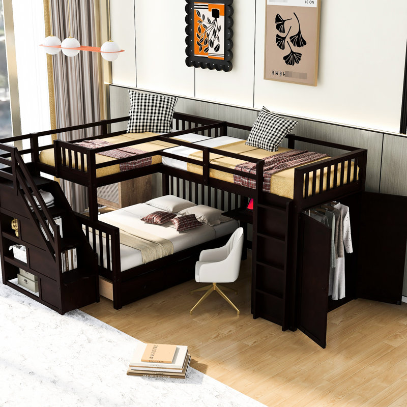 Lit superposé au-dessus d'un lit double, 3 tiroirs, bureau portable, garde-robe - conçu avec tête de lit et lattes pour matelas en forme de L