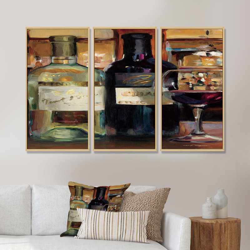 A Reflection Of Wine Bottle II - ensemble d'art mural sur toile traditionnel encadré de 3, H 28 po x l 36 po x P 1 po, Brun