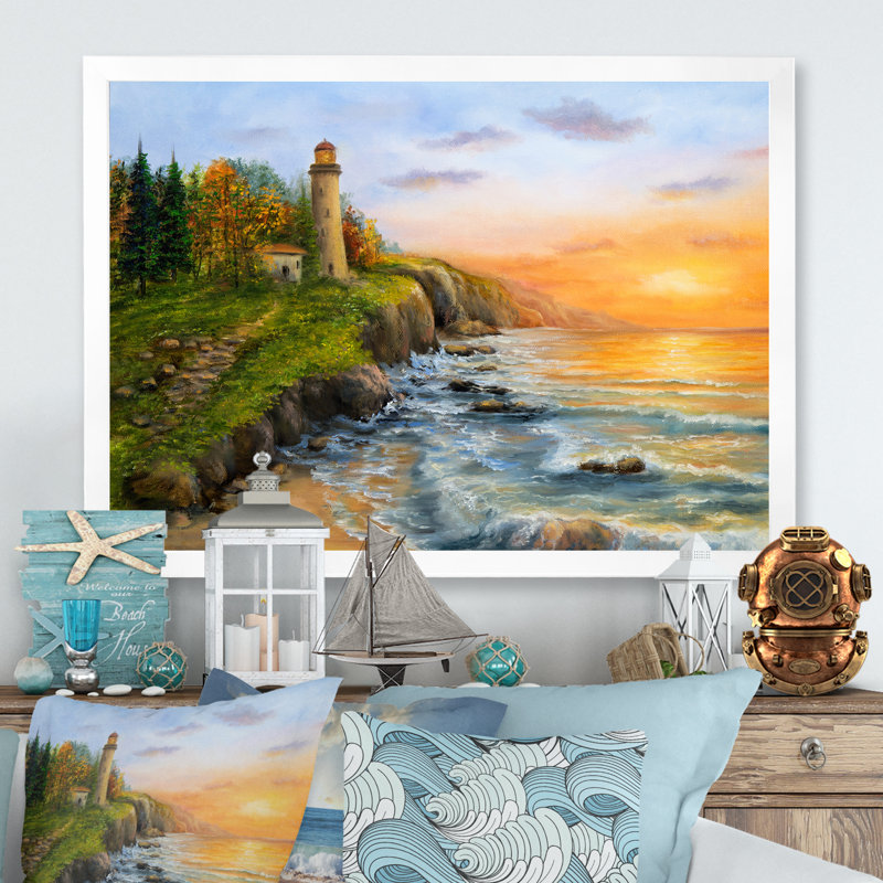 " Lighthouse Cliffs on Ocean Waves " Color Photography Print, 30" H x 40" W x 1.5" D, White Picture Frame