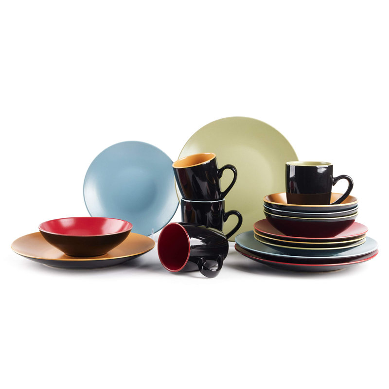 Service de table 16 pièces en grès HomeVSS Two-Tone Colors Life, fini mat, pour 4 personnes, Very Funny