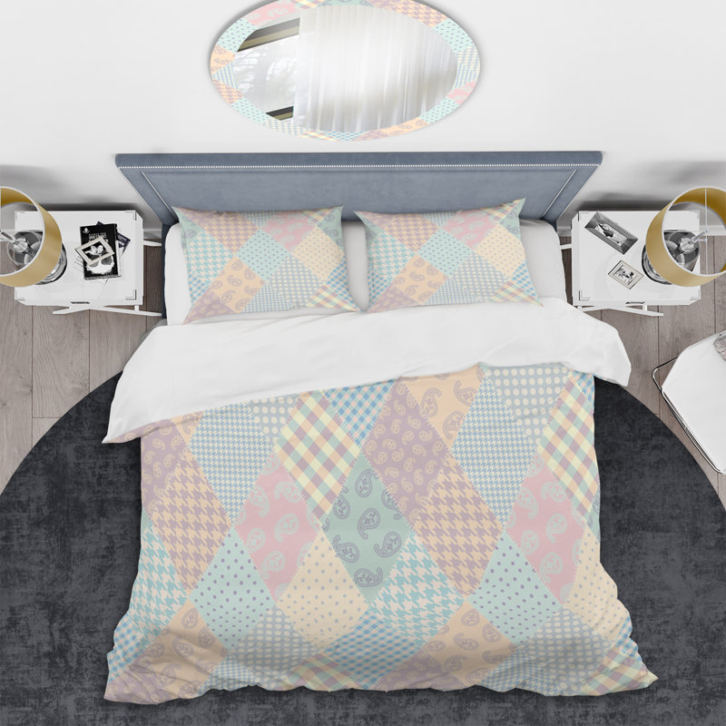 Ensemble de housse de couette multicolore à patchwork en microfibre rose / bleu