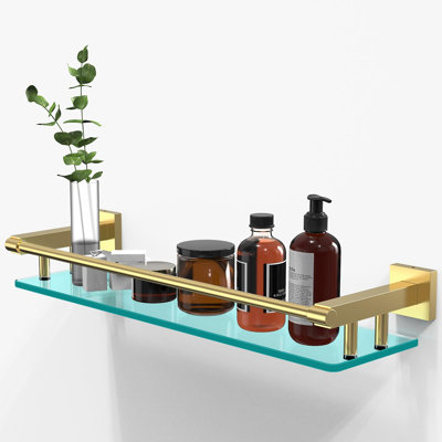 Tablette en verre pour la salle de bain, verre trempé de 20 pouces avec rampe en acier inoxydable doré brossé, tablettes en verre flottant pour salle de bain moderne