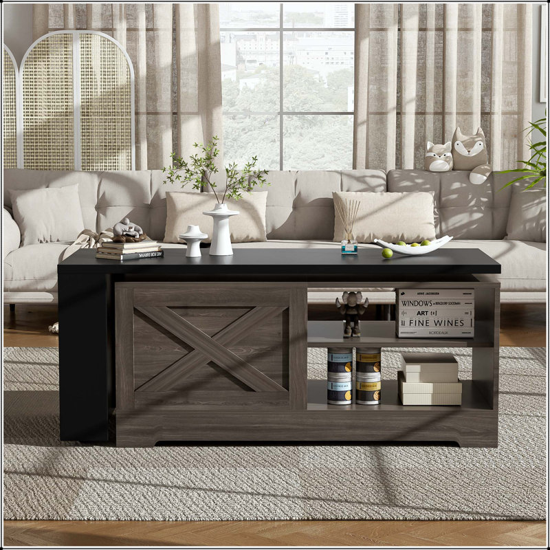 Table basse à plateau relevable Farmhouse avec portes de grange, prise de courant et roulettes, Brown+Black