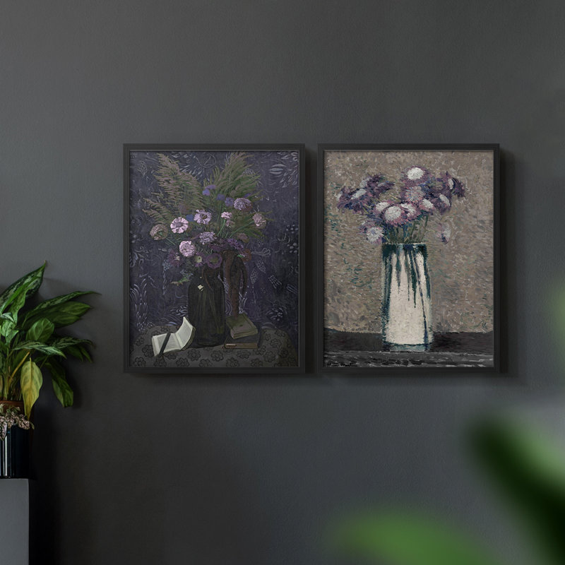 Ensemble de 2 estampes rétro Vintage Floral XLV III - estampe numérique, Noir, noir, noir, noir, H 17 po x l 42 po