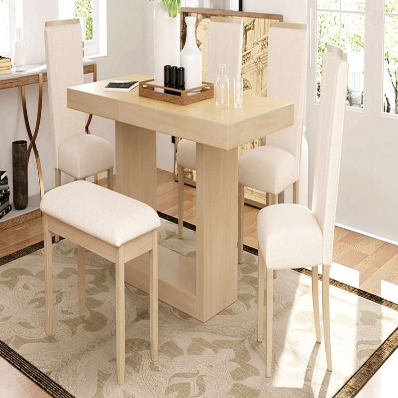 Ensemble de salle à manger extensible 6 pièces 6 pièces: table à piédestal de 78 po (rallonge amovible de 18 po) et 4 chaises rembourrées + banc