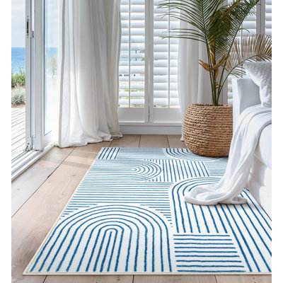 Celeta Washable Abstract Japandi Rainbow Striped Blue Area Rug - Colorful Modern Carpet for Living Room, Bedroom, or Office Decor