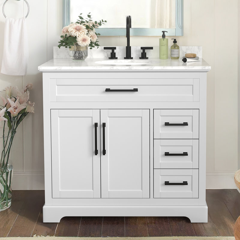 Auben 36" Bathroom Vanity With Engineered Marble Top, White/White