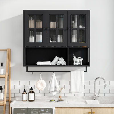 Armoire murale en bois à 3 portes avec espace de rangement ouvert et caché