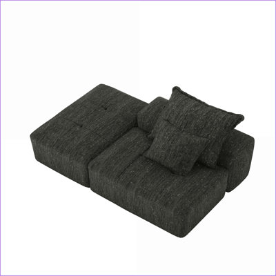 Sectional Sofa, Modern Oversized Modular Tufted Sparkling Chenille with 2 Pillows, No Assembly | Black | Foam+Spring