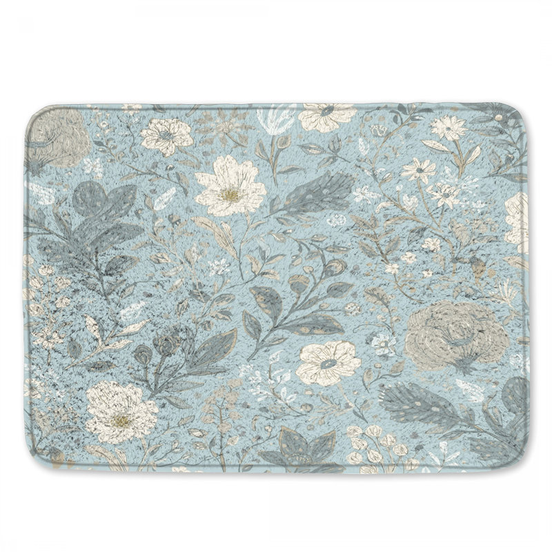Tapis de bain bleu à motif floral, 24 po L x 17 po L