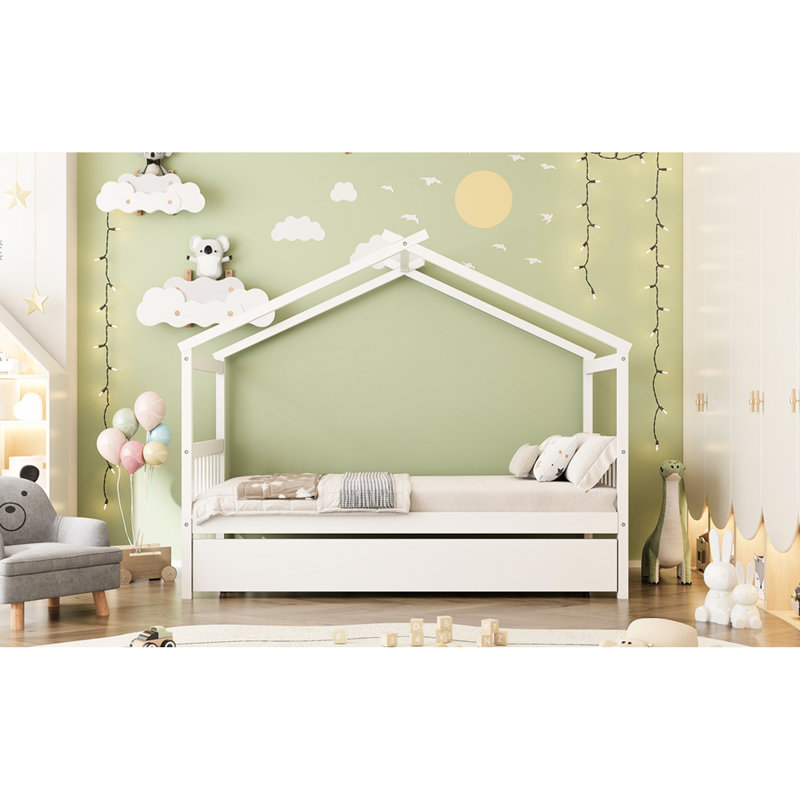 Twin Size, White House Bed, Trundle, Imaginative Design, Youngsters, Pine Structure, Headboards, Width Of Bed Frame Sky Roof, Wood, Dimensions