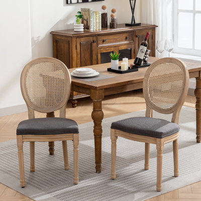 Chaise de salle à manger à dossier en rotin antique avec structure en bois massif, ensemble de 2