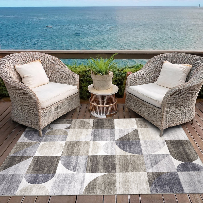 Naya Blue Green Machine Washable Indoor/Outdoor Rugs, Rectangle 5' x 7', Beige Brown Gray