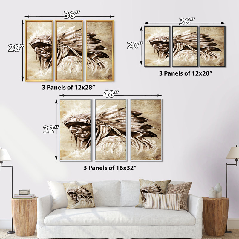 Tête de tigre indien de style rétro - ensemble d'art mural en toile sur toile, Cadre noir, H 28 po x l 36 po x P 1 po