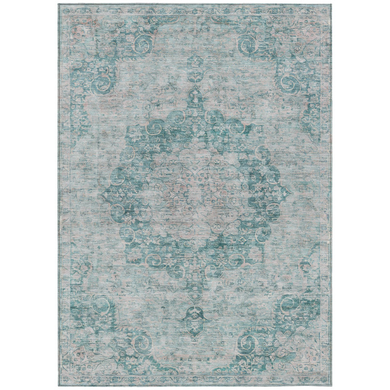 Tapis extérieur lavable à motif médaillon floral bleu sarcelle 10 pi x 14 pi