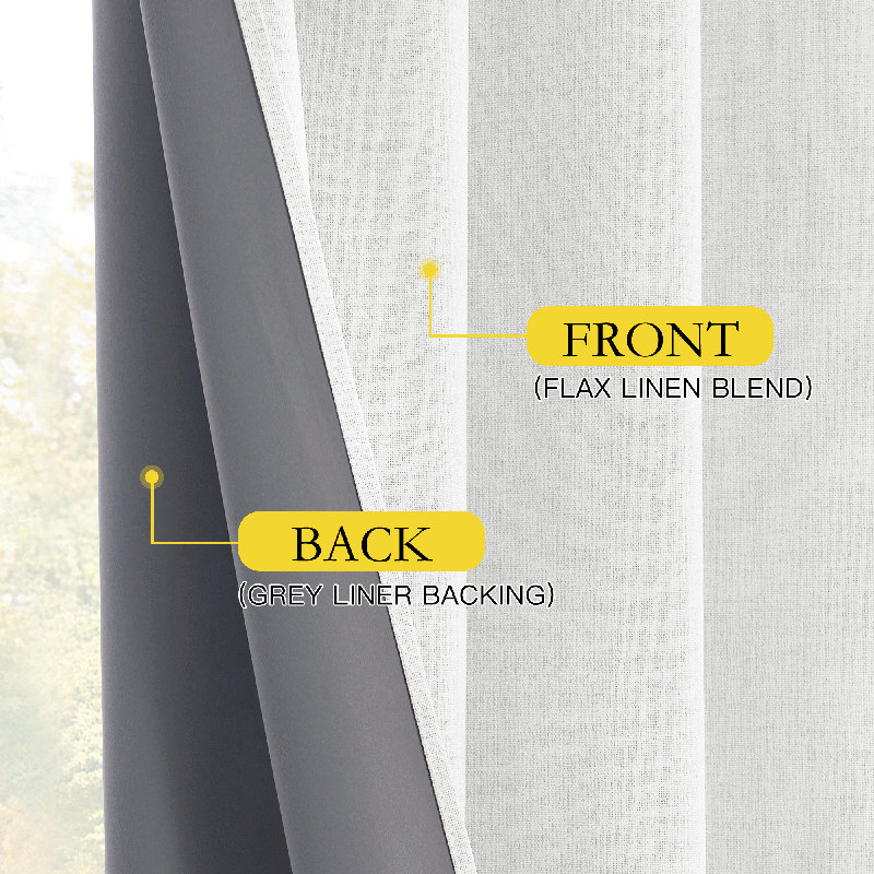 100% Blackout Linen Curtains for Bedroom, Burlap Linen Drapes with Thermal Insulated Grey Liner Grommet Noise Reducing Window Panels for Living room, 2 Panels