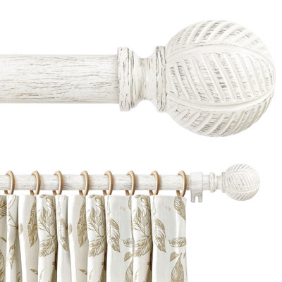 Wood Curtain Rods for Windows, 1 Inch Adjustable Heavy Duty Drapery Rod with Imitation Wood Grain and Decorative Leaf Pattern Finials, Boho Style