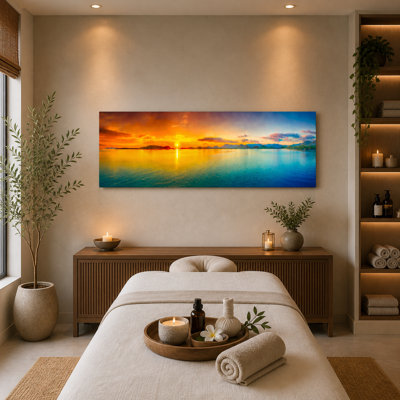 Panoramic Ocean Sunset Wall Art on Canvas, Extra Long Coastal Landscape Artwork, Horizontal Wrapped Canvas Wall Art for Living Room Bedroom Bathroom