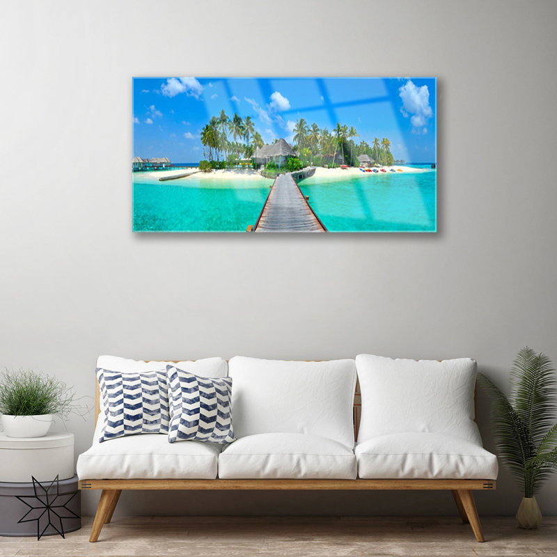 Architecture Beach Palm Trees Bridge Sea - Unframed Photograph on Glass