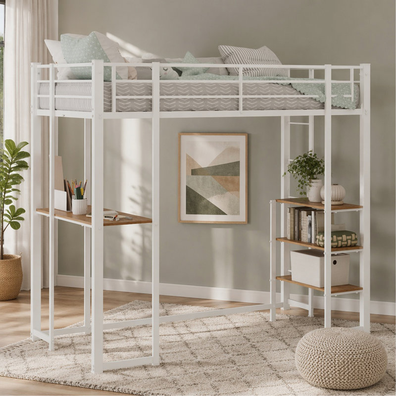 Lit mezzanine simple en métal et en bois avec bureau et tablettes de rangement, conception compacte pour les petites pièces ou les bureaux, style moderne, disponible en finition blanche