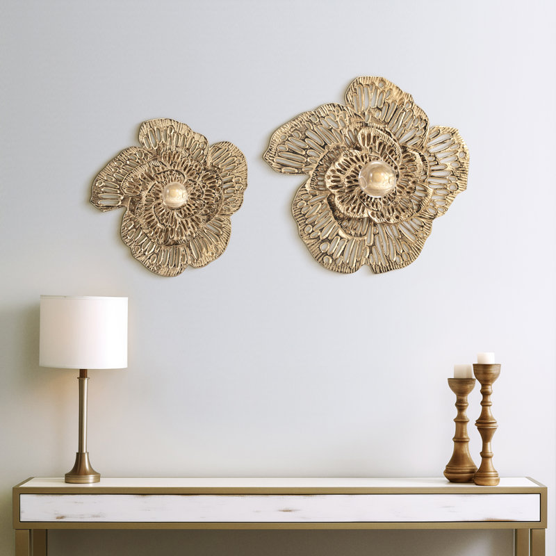 Art mural décoratif à fleurs ouvertes pour la maison ou la cuisine - ensemble de 2 décorations murales décoratives modernes en métal doré