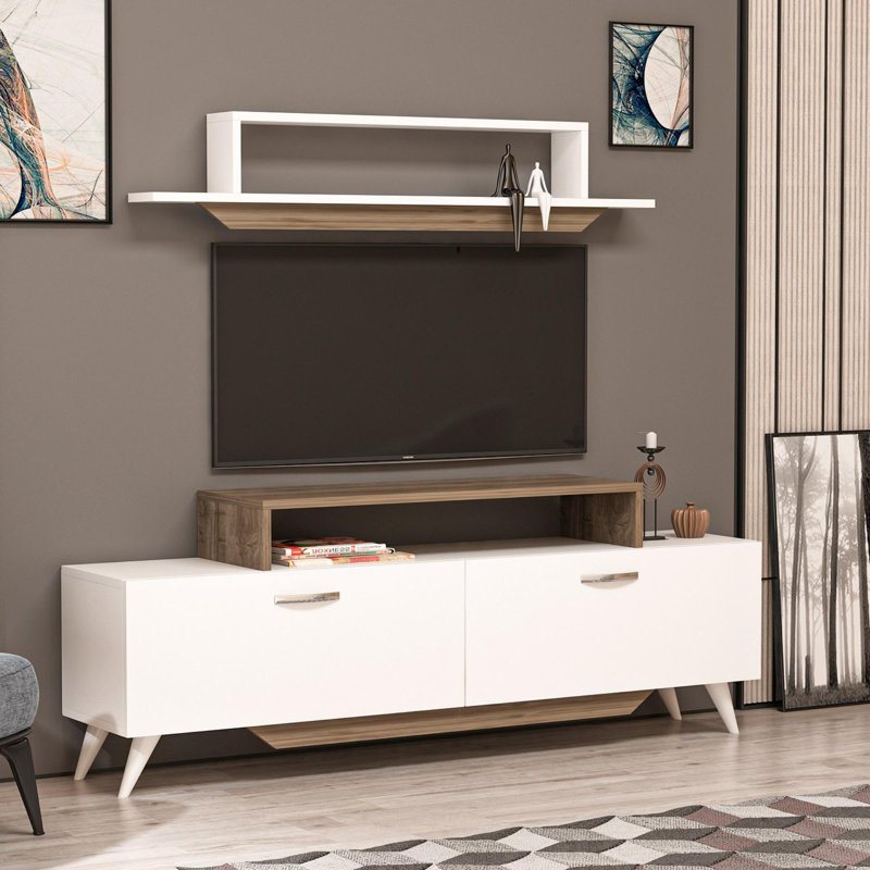 Modern TV Unit with Wall Shelf, White & Walnut Finish | 100% Melamine Coated Particle Board | TV Stand: 59.1 x 48.7 x 10.9 in | Wall Shelf: 47.2 x 9.1 x 5.7 in | Stylish Design with Ample Storage & Numerous Shelves