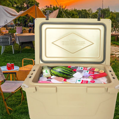 65 qt, kaki, refroidisseur de bière, événements extérieurs, isolation supérieure, anneau d'étanchéité, coffre-fort et fentes moulées encastrées, système de vidange rapide kaki 65 pintes pour l'extérieur, barbecue de pêche 5 jours froid