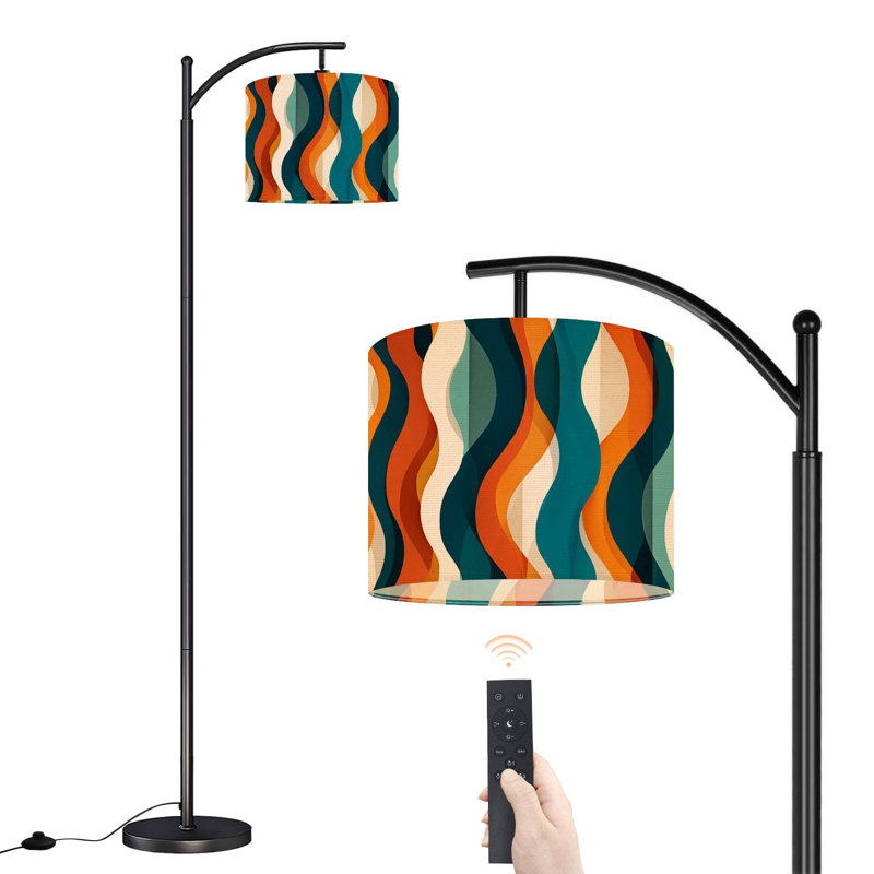 Arc Floor Lamp with Adjustable Lampshade Retro Abstract Wavy Teal Standing Lamp 3 Colour Temperatures Dimmable Tall Pole Lamp with Foot Switch for Bedroom
