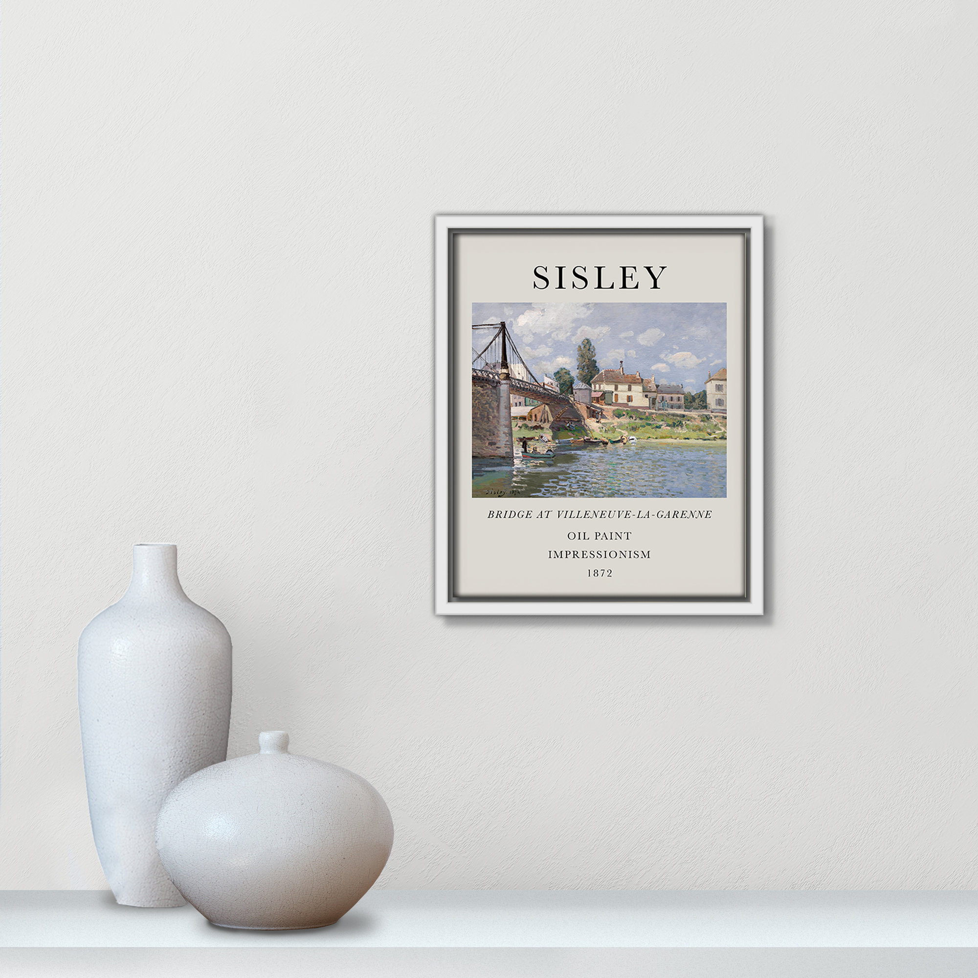 Old Masters Collection " The Bridge At Villeneuve " by Alfred Sisley, White Floater Frame, 11.5" H x 9.5" W x 2" D, No