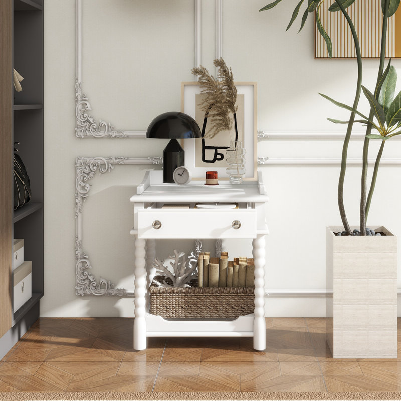 Retro Style Nightstand With Drawer And Open Shelf For Bedroom, Bedside Table With Turned Legs And Metal Handle,, White