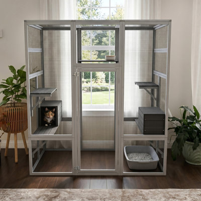 Large Outdoor Wooden Cat House Catio, Solid Wood Construction with Anti-UV & Waterproof Features, Multiple Platforms and Resting Boxes