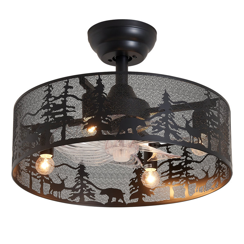17.7" Black Forest Animal Silhouette Cage Ceiling Fan with Light, Reversible DC Motor & Remote, Black