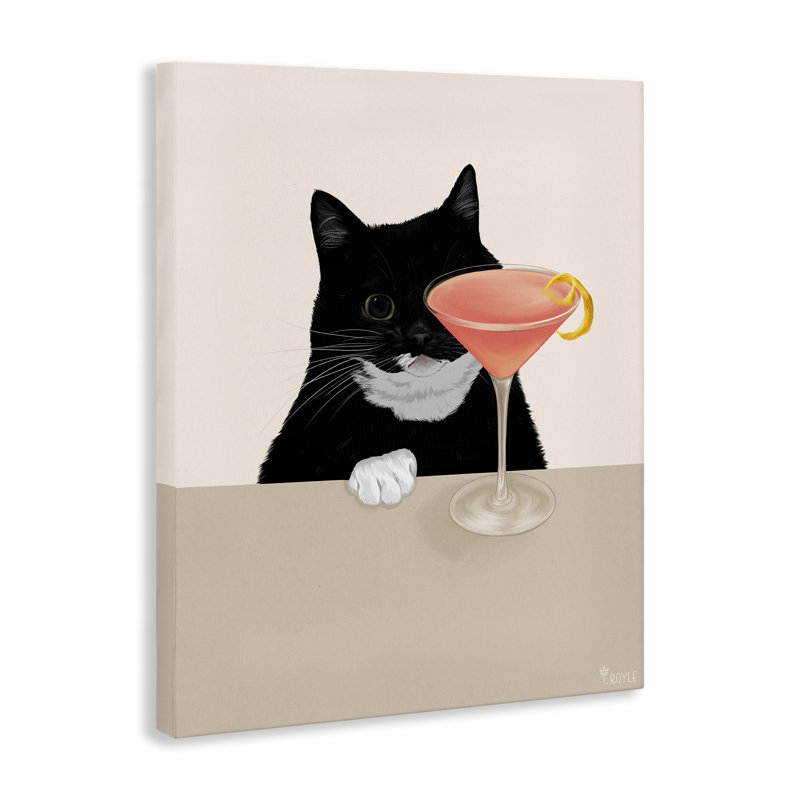 Chat et rose cocktail, art mural par Tara Royle, H 20 po x l 16 po