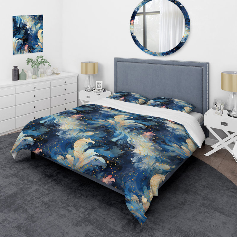White And Blue Celestial Ikat Mirage - Ensemble de housse de couette abstrait