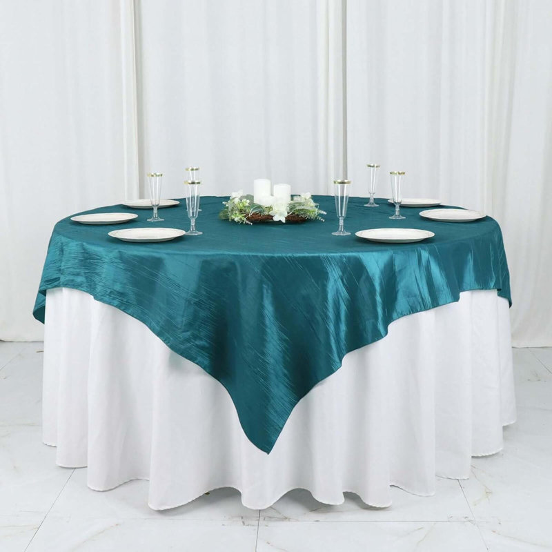 72"X72" Peacock Teal Accordion Crinkle Taffeta Table Overlay, Square Tablecloth Topper, Green