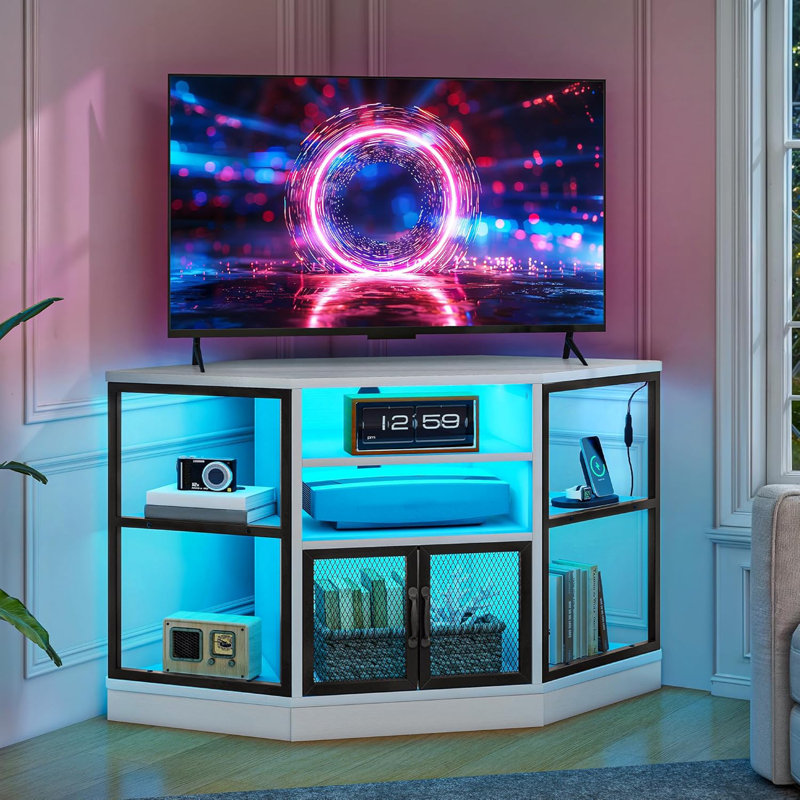Corner TV Stand With LED Lighting And Built-In Power Outlet, Space-Saving Hexagonal Design, Modern Media Console For Living Room