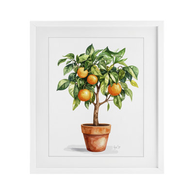 Reproduction sous verre encadrée d'un arbre orange en pot, design par Shelly Craig