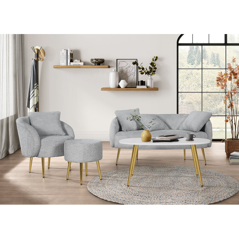 Ensemble de salon avec repose-pieds et causeuse Bouclé avec repose-pieds, table basse et 4 coussins décoratifs