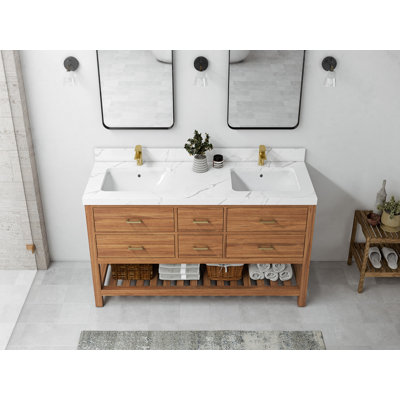 Parker Teak 60'' Double Bathroom Vanity Set -  Willow Collections, PRK_TK_GLD_CARM_60D