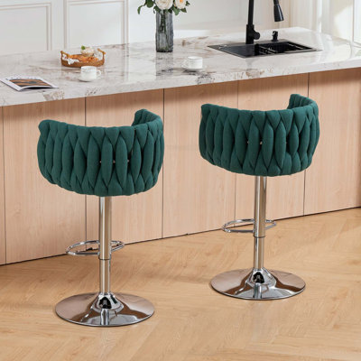 Ensemble de 2 tabourets de bar pivotants à 360°, hauteur réglable, dossier et repose-pieds tissés, pour îlot de cuisine, café, pub (VERT)