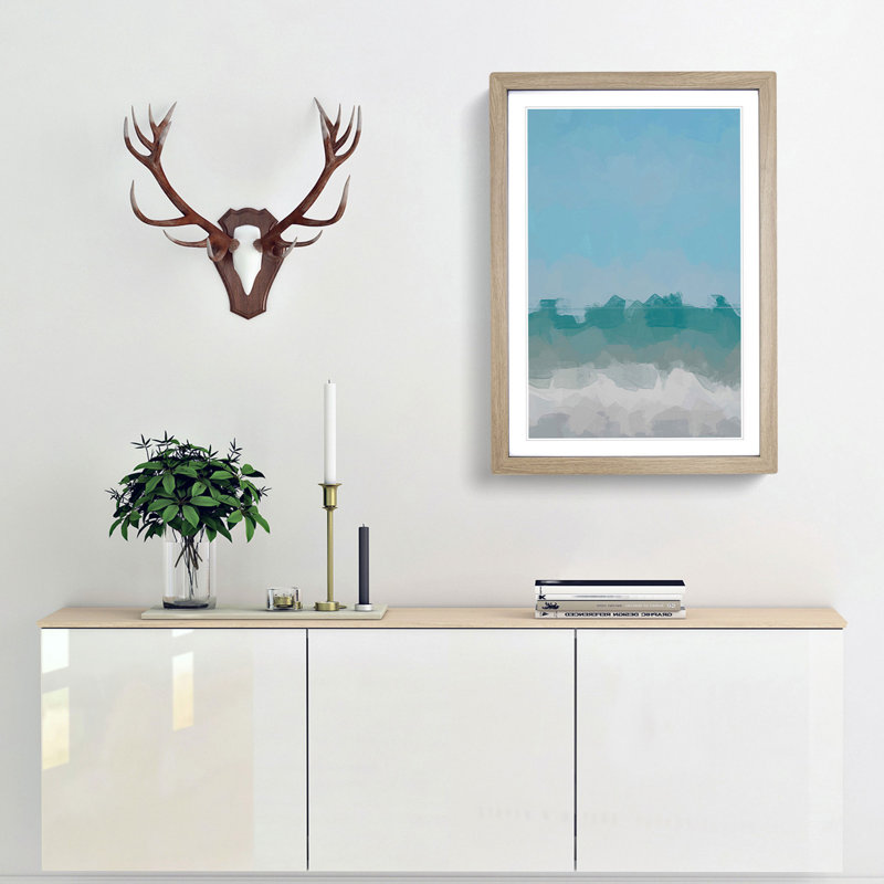 Aqua Green Horizon in Abstract - Picture Frame Graphic Art Print, 36cm H x 27cm W x 2cm D, Oak Framed