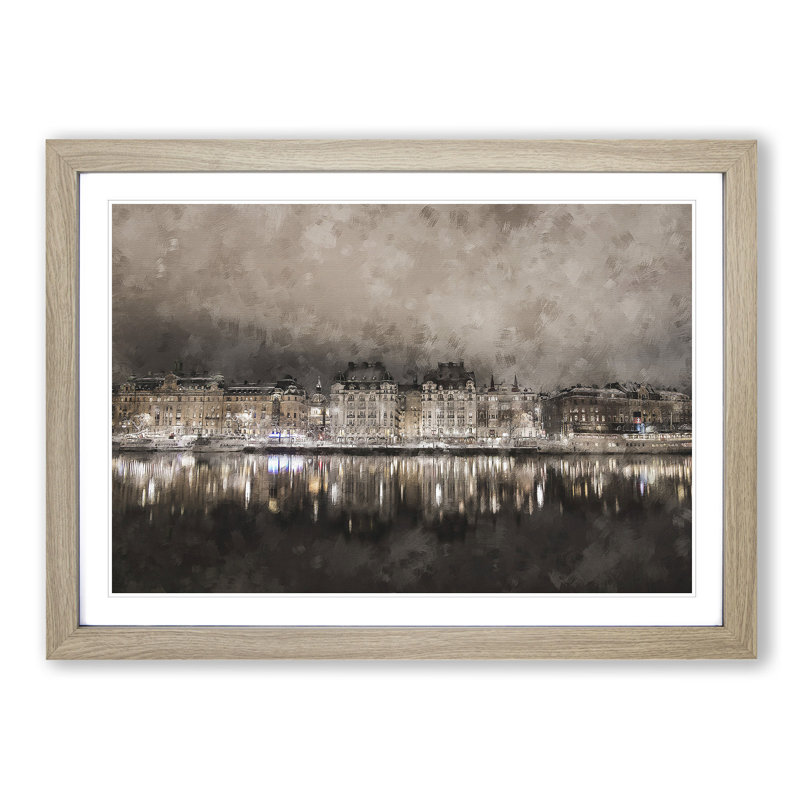 Reflection of Stockholm in Sweden - Picture Frame Painting Print, 45cm H x 63cm W x 2cm D, Oak Framed