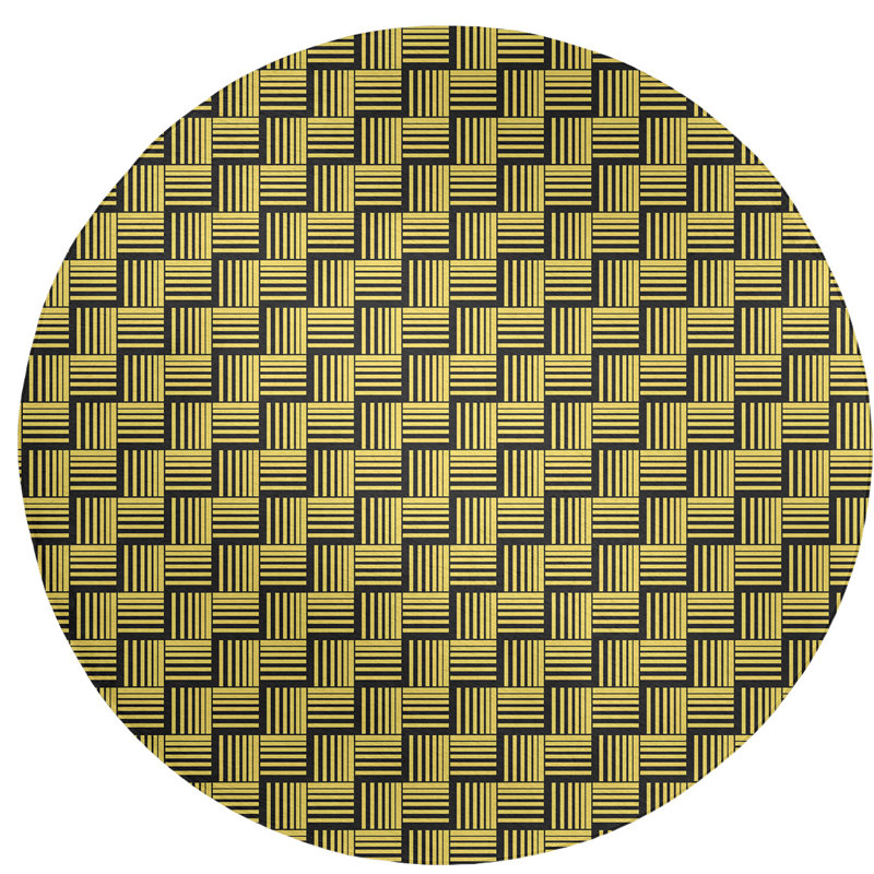 Tapis jaune/noir à rayures basketweave, Rond 5 pi